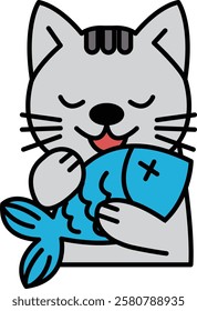 A cartoon cat is holding a blue fish in its mouth. The cat is smiling and he is enjoying the fish