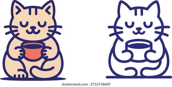 Cartoon Cat Holding Cup - Simple Line Art Illustration