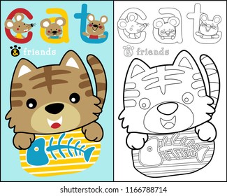 Cartoon of cat holding fish bone with three mouse, coloring book or page 