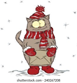 Cartoon cat holding letter, winter hand-drawn vector illustration 