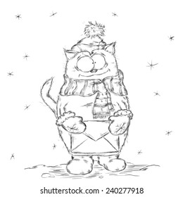Cartoon cat holding letter, winter hand-drawn vector illustration 