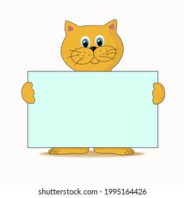 Cartoon cat holding a poster, banner with place for text. Place for announcements, advertisements, prom actions, information. Flat cat, red-haired. Vector illustration. Isolated white background.