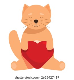 Cartoon cat is holding a red heart while closing its eyes and smiling
