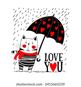 cartoon cat holding umbrella with hearts. Valentine's Day greeting card. Cute kitty character.