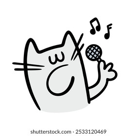 Cartoon cat holds a microphone and sings loudly. Vector illustration of an artist animal in  theater on stage and a song. Notes are flying out of an open mouth. Doodle character isolated on white.