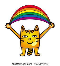 A cartoon cat holds a rainbow. Positive joyful drawing. Vector graphics.