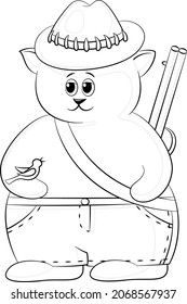 Cartoon Cat Hunter in Jeans und ein Hut, mit einer Waffe und einem Vogel, schwarze Konturen einzeln auf weißem Hintergrund. Vektorgrafik