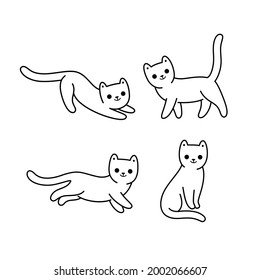 Cartoon cat icon set. Different poses of cat. Vector contour illustration for prints, clothing, packaging, stickers.