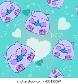 A cartoon cat illustration of a girl with a heart / valentine's day, cat vector icon / drawing, character / children's background vector /Seamless children's background with cats for kids