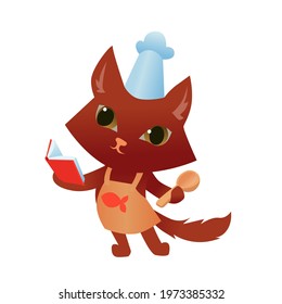 Cartoon cat illustration of a cat reading a recipe book holding a spoon