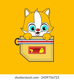 cartoon cat into a shirt pocket, vector illustration