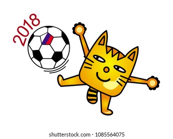 A cartoon cat juggles with a soccer (football) ball. Cat soccer player. Humor drawing. Vector graphics