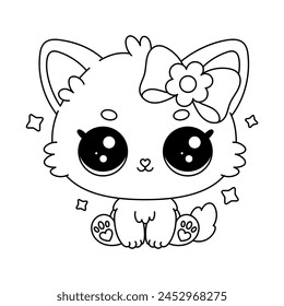 Gato o gatito de dibujos animados. Bebé animal en línea de dibujo. Ilustración vectorial aislada sobre fondo blanco. Para imprimir la página para colorear o el libro de los niños y los adultos, la actividad de los niños pequeños.