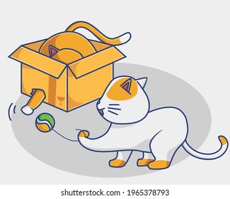 Cartoon Cat Kitten in cardboard box playing ball. Animal Cartoon Flat Style Icon illustration Premium Vector