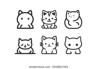 Cartoon cat, kitten face line vector icon set isolated