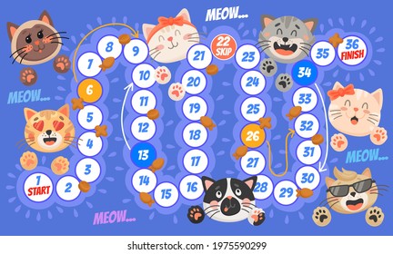 Cartoon cat kitten. Kids board game, riddle or educational activity, roll and move boardgame template, puzzle with counting task. Vector cute kittens happy faces, heads and paws, cat food