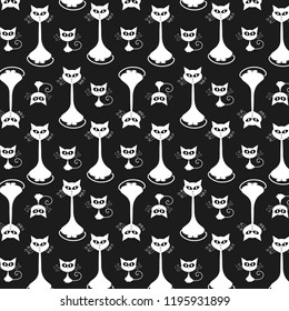 Cartoon cat and kitty monochrome flat pattern background