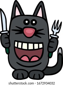 Cartoon cat with knife and fork