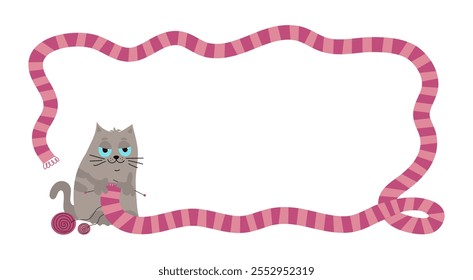 Cartoon cat knits a long scarf. Banner, handwork, hobby. Knitting, knitting needles, ball of thread. Skein of yarn. Warm knitted scarf, clothes. Place for inscription. White isolated background.