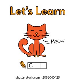 Cartoon cat learning game for small children - write the word. Vector illustration for kids