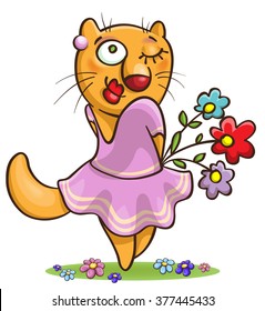 cartoon cat in lilac dress holding flowers, vector, isolated on white