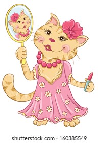 Cartoon cat lipstick and looking in the mirror