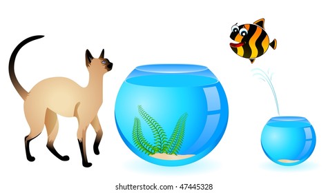 cartoon cat with little colorful tropical fish in aquarium