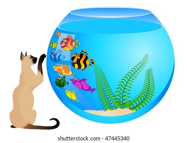 cartoon cat with little colorful tropical fish in aquarium