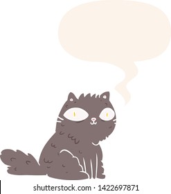 cartoon cat looking right at you with speech bubble in retro style