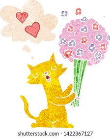 cartoon cat in love with flowers with thought bubble in grunge distressed retro textured style