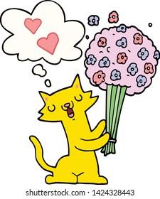cartoon cat in love with flowers with thought bubble