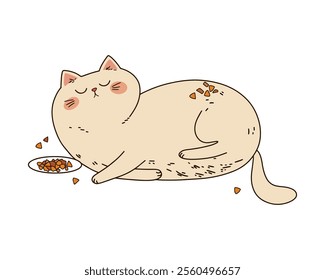 Cartoon Cat Lying with Food Bowl for a Cozy and Playful Pet Theme Illustration. Vector illustration