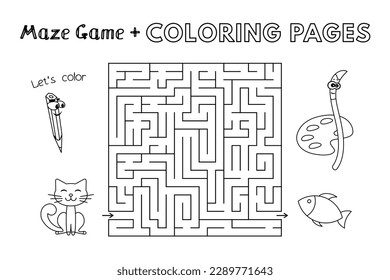 Cartoon Katze Labyrinth Spiel. Vektorfarbige Buchseiten für Kinder