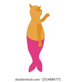 Cartoon cat mermaid character with orange fur and pink tail waving with its fin