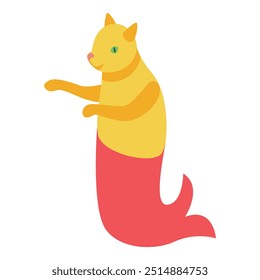 Cartoon cat mermaid character with yellow fur and red tail pointing with its paw