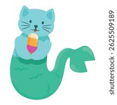 Cartoon cat mermaid holding a popsicle and enjoying summer