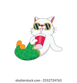 cartoon cat with mermaid legs, looking relaxed with glasses and drink in his hand