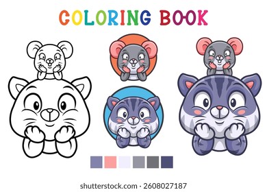Cartoon cat and mouse in coloring book style