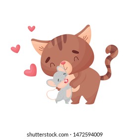 Cartoon cat and mouse hugging. Vector illustration on white background.