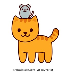 Gato de dibujos animados y ratón kawaii Ilustración vectorial. Gatito de jengibre con ratoncito, lindos amigos animales dibujando.