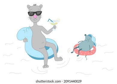 Cartoon cat and mouse rest on the water and swim on inflatable rings. The cat and the mouse relax in the summer. Summer vacation of animal friends at sea and resort
