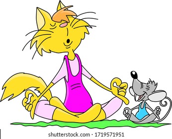 Cartoon cat and mouse sitting in a lotus position doing yoga together vector illustration