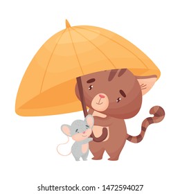 Cartoon cat and mouse under an umbrella. Vector illustration on white background.