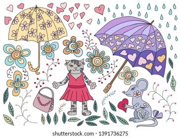 Cartoon cat and mouse under umbrellas colored flat hand drawn vector character. Funny kitten in a dress with floral elements, hearts and raindrops. Impresses person.