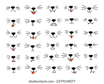 Cartoon cat mouths. Animal whiskers, cute pet nose and kitten face. Facial expressions of cats vector elements set of animal pet illustration