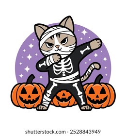 A cartoon cat in a mummy costume dabbing between two jack-o'-lanterns.