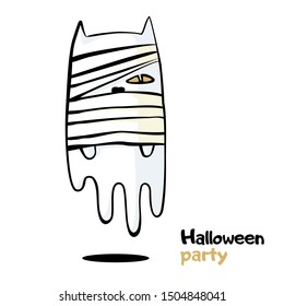 Cartoon cat in a mummy costume for a Halloween party. Vector 
