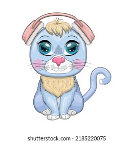 Cartoon cat music lover in headphones listens to music, concert. Cute child character, symbol of 2023 new chinese year