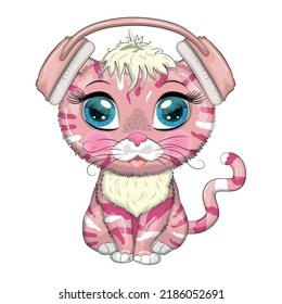 Cartoon cat music lover in headphones listens to music, concert. Cute child character, symbol of 2023 new chinese year