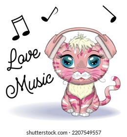 Cartoon cat music lover in headphones listens to music, concert. Cute child character, symbol of 2023 new chinese year